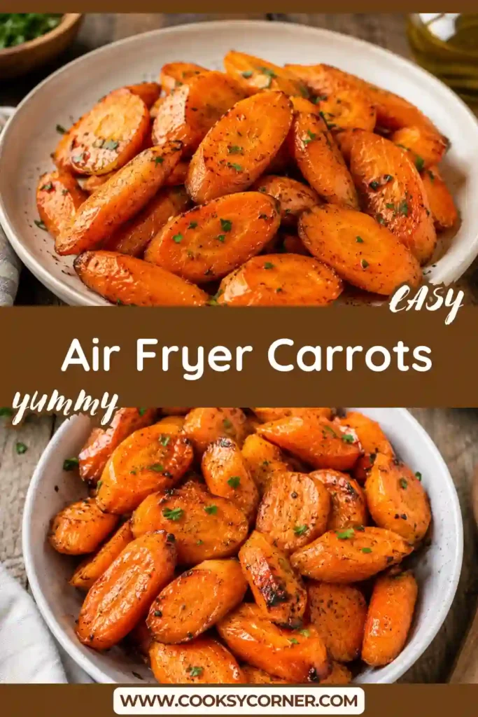 A serving bowl filled with Easy Air Fryer Carrots drizzled with honey and garnished with fresh parsley. Perfect for weeknight meals or holiday gatherings.