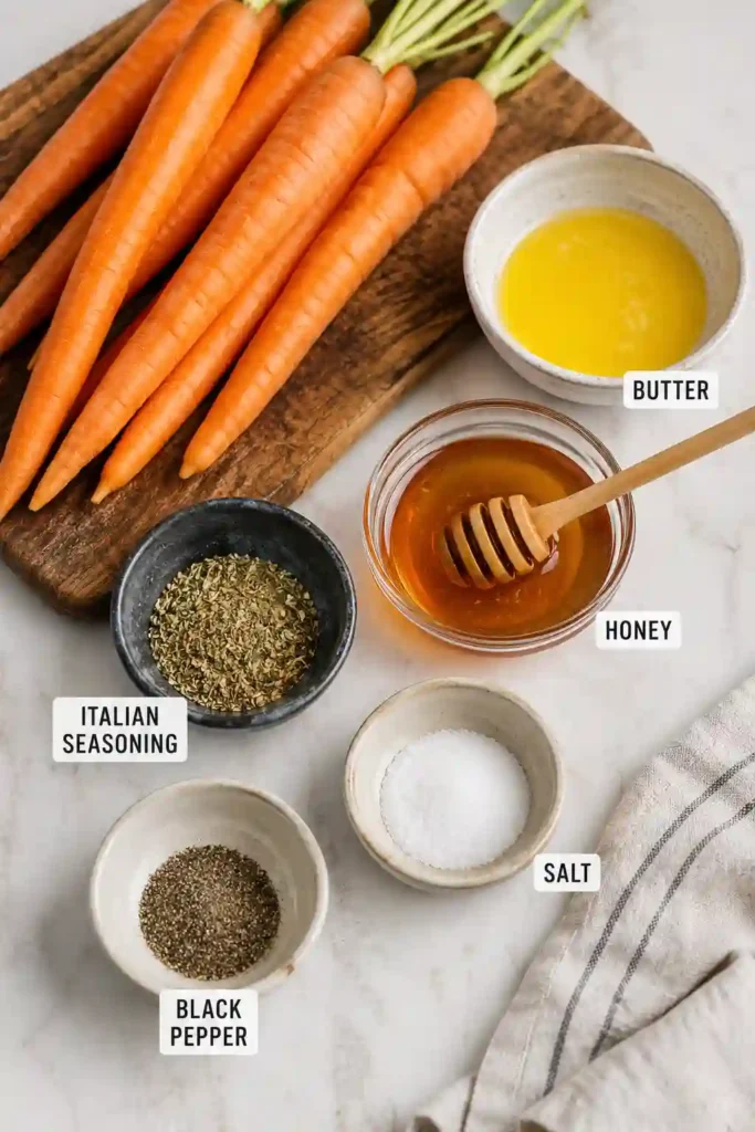 Close-up of roasted air fryer carrots seasoned with Italian herbs and coated in honey butter. The carrots are golden, glossy, and perfectly cooked.