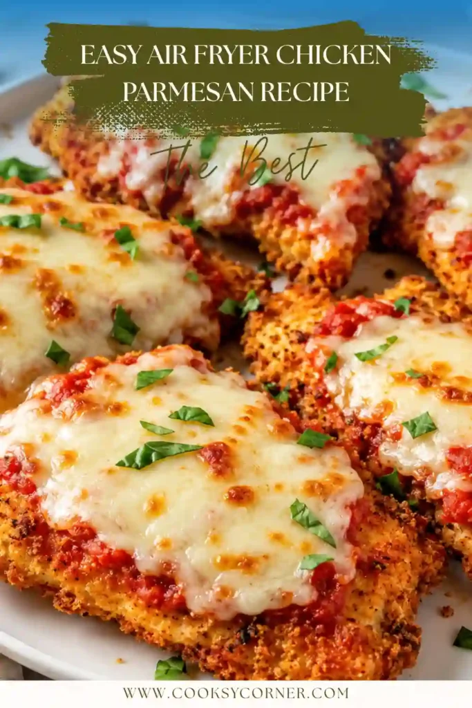 Close-up of crispy chicken parmesan cooked in the air fryer with melted mozzarella and marinara sauce. Garnished with fresh parsley.
