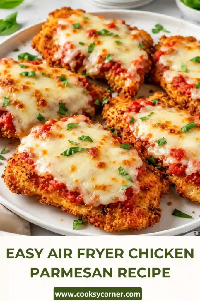Air Fryer Chicken Parmesan topped with marinara sauce, melted mozzarella cheese, and fresh parsley. Crispy breaded chicken is cooked until golden brown.