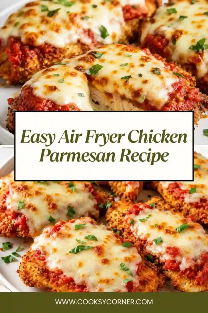 Homemade Air Fryer Chicken Parmesan served on a plate with Italian herbs and rich tomato sauce. A quick and easy family dinner recipe.