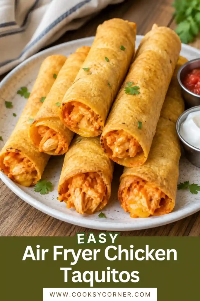 Easy Air Fryer Chicken Taquitos arranged on a platter with salsa, queso, and guacamole. A quick family-friendly meal.
