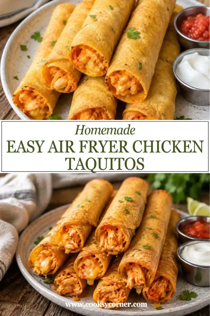 Homemade chicken taquitos cooked in the air fryer until crispy and golden brown. Served with fresh dipping sauces.