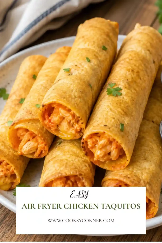 Golden Air Fryer Chicken Taquitos filled with shredded chicken and melted cheese served with salsa and guacamole. A crispy and easy dinner recipe.