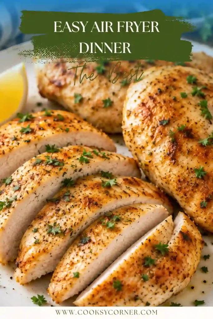 Juicy air fryer chicken breasts sliced and served on a plate with fresh herbs. This easy air fryer dinner recipe creates tender chicken with a flavorful garlic butter coating.