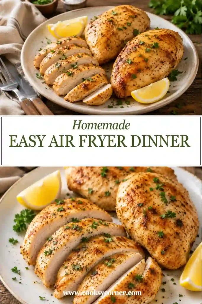 Golden brown air fryer chicken breast cooked to perfection and ready for dinner. A quick and healthy chicken recipe ideal for busy weeknights.