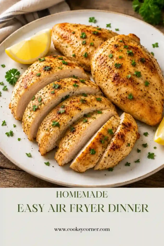 Tender chicken breasts fresh from the air fryer with simple seasonings and garlic butter. This family-friendly meal is high in protein and easy to prepare.
