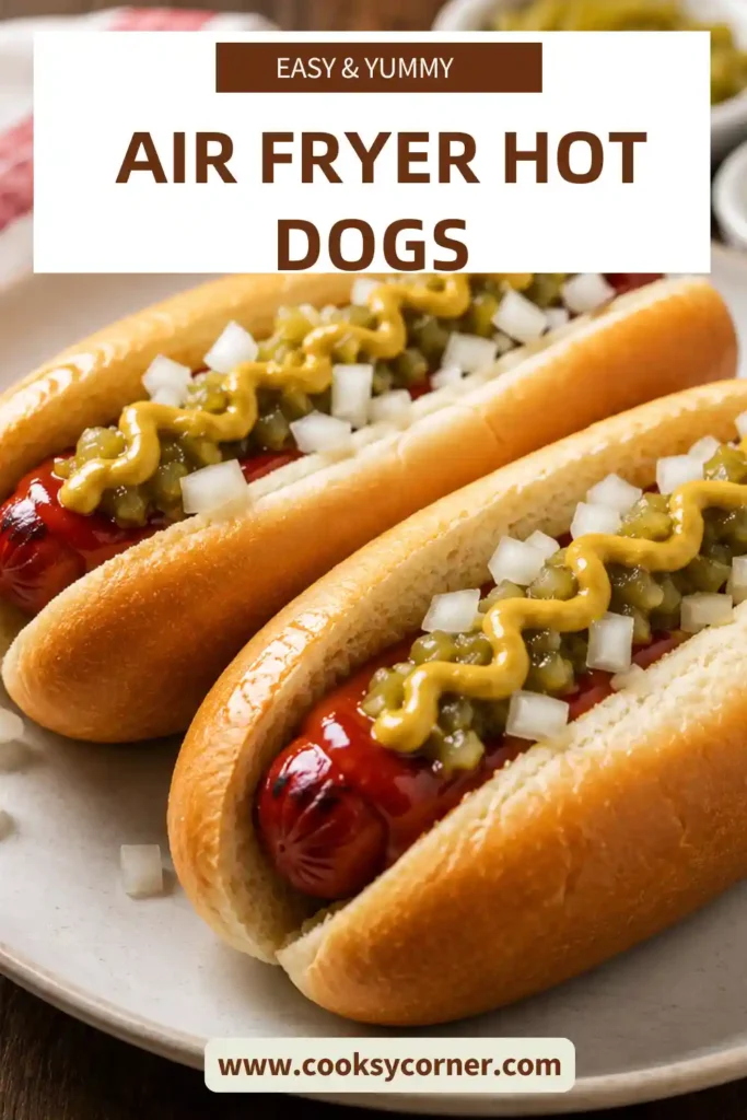 Easy Air Fryer Hot Dogs served in toasted buns with classic toppings. The hot dogs are perfectly cooked with a lightly crisp exterior and juicy center.