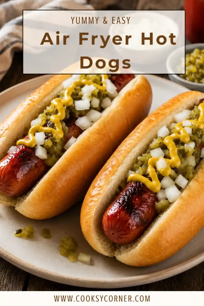 Freshly cooked air fryer hot dogs nestled in warm toasted buns. This quick hot dog recipe is perfect for easy lunches and family dinners.