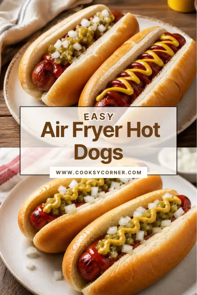 Golden toasted hot dog buns filled with juicy air fryer hot dogs. A simple and delicious meal made in just a few minutes.