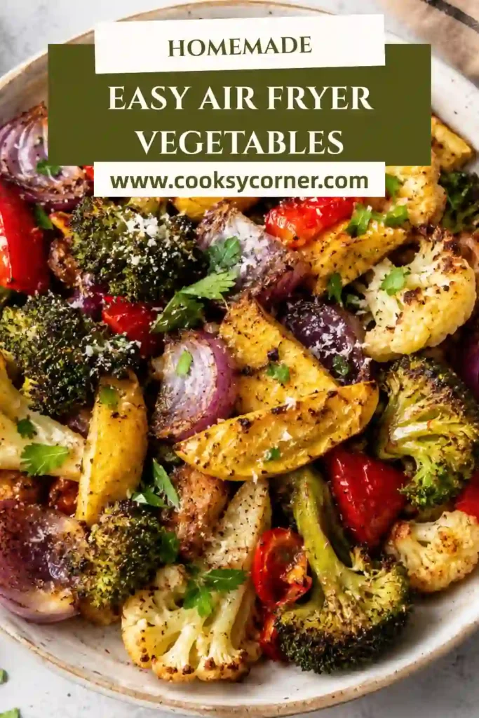 Colorful roasted vegetables with crispy edges prepared in the air fryer.