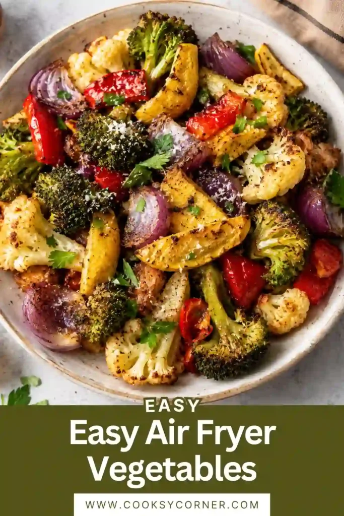 Mixed vegetables cooked in an air fryer and served as a healthy side dish.