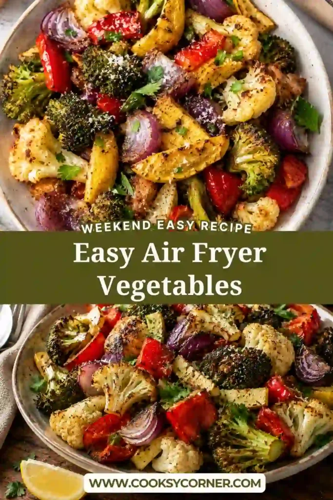 Air Fryer Vegetables featuring broccoli, cauliflower, zucchini, mushrooms, red onion, and bell peppers roasted until golden.