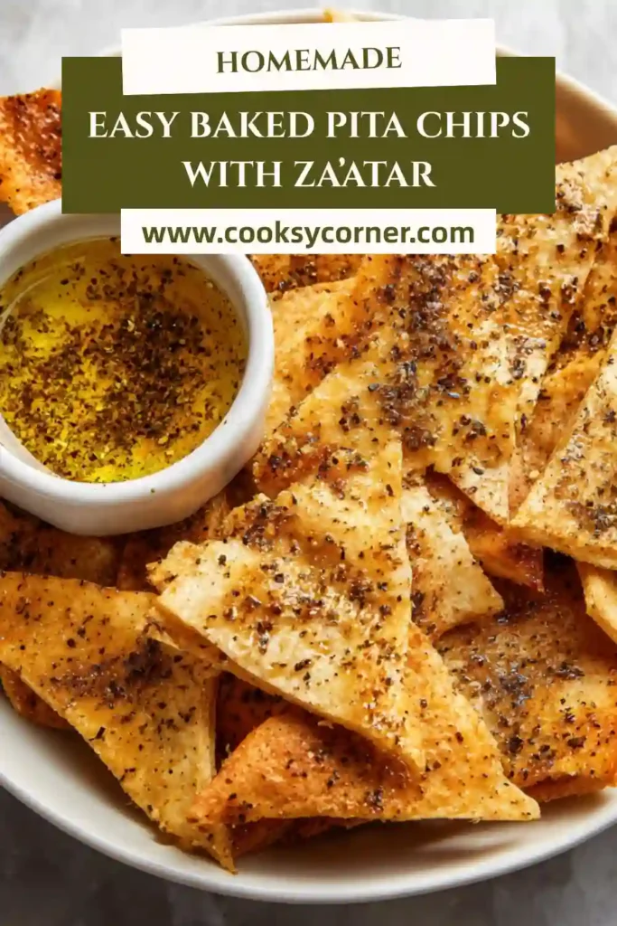 Golden brown baked pita chips on a serving platter.