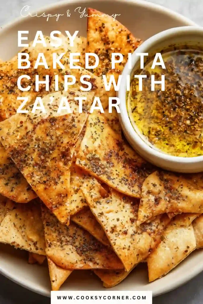 Homemade crispy pita chips seasoned with za’atar and olive oil.