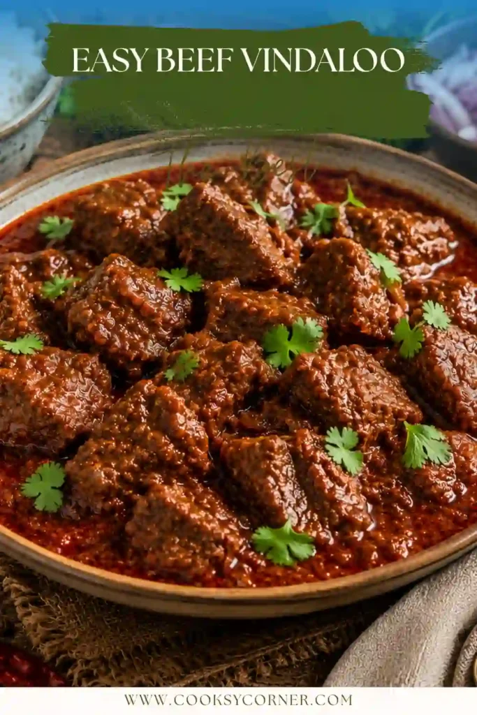 A bowl of Beef Vindaloo served over fluffy basmati rice with rich red curry sauce. Tender beef chunks are coated in aromatic Indian-inspired spices.