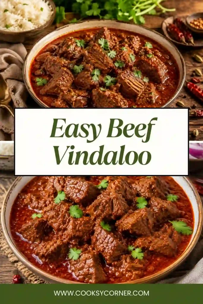 Homemade Beef Vindaloo simmered in a spicy tomato and vinegar-based curry sauce. Served warm with naan and fresh garnishes.