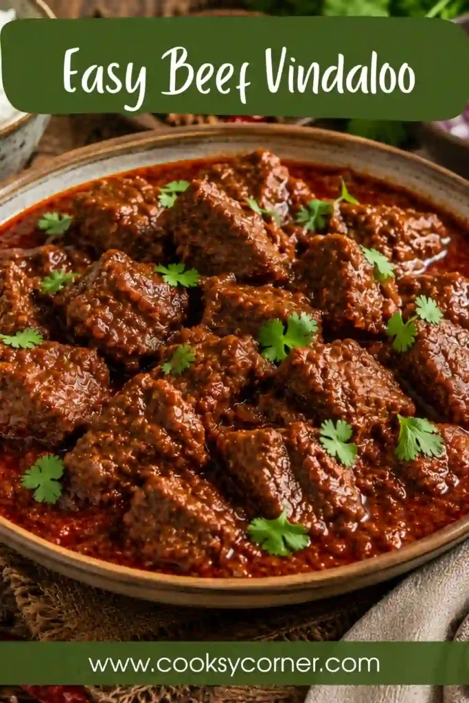 Indian-style Beef Vindaloo featuring tender beef cubes in a thick, aromatic curry. Served alongside fluffy rice for a complete meal.
