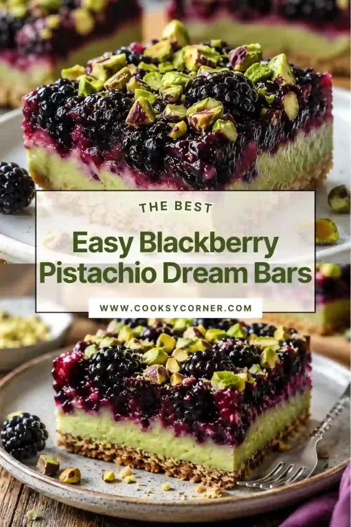 Freshly baked Blackberry Pistachio Dream Bars sliced into squares and served on a rustic tray.