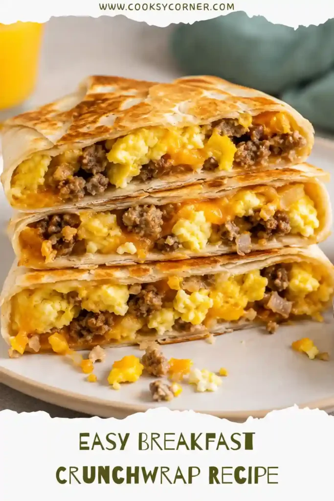 Crispy Breakfast Crunchwrap filled with fluffy eggs, savory beef sausage, hash browns, and melted cheese, toasted until perfectly golden.