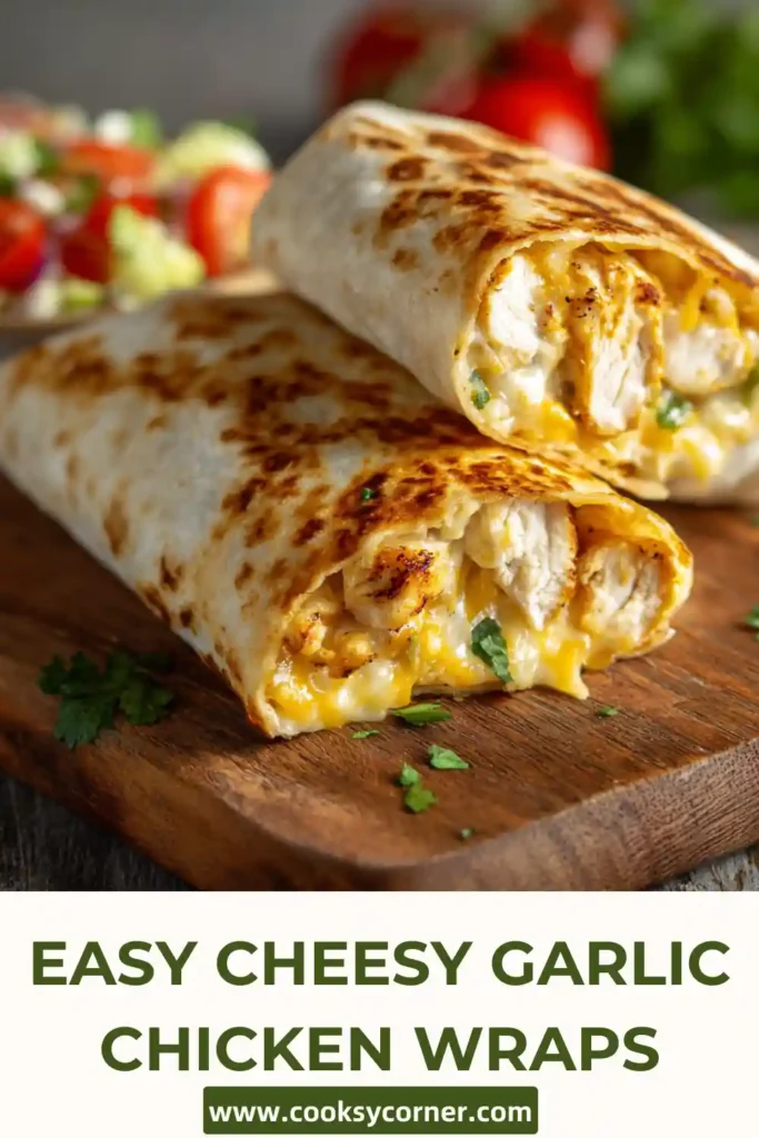 Cheesy Garlic Chicken Wraps sliced in half with melted cheese and chicken filling visible inside.