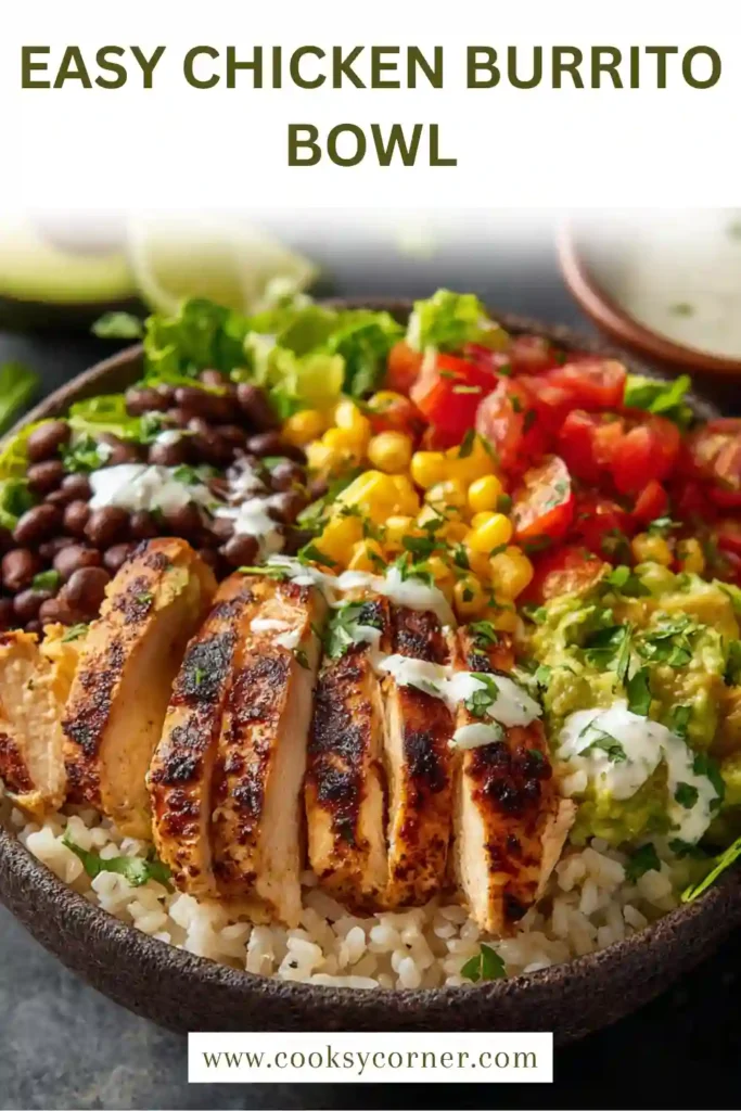 Grilled chicken served over brown rice with avocado, corn, black beans, and tomatoes.