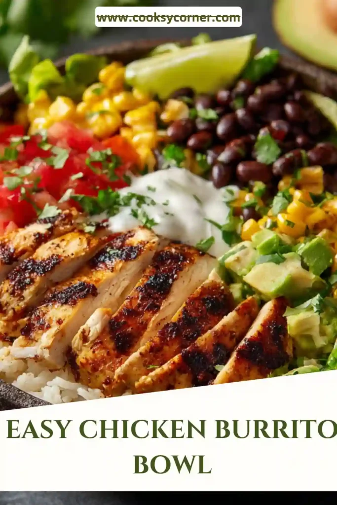 Mexican-inspired chicken rice bowl topped with avocado, beans, and fresh vegetables.