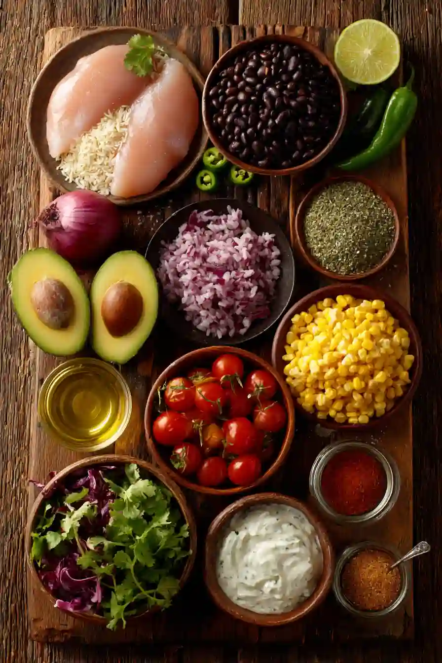 Meal prep chicken burrito bowls arranged with fresh toppings and cilantro garnish.