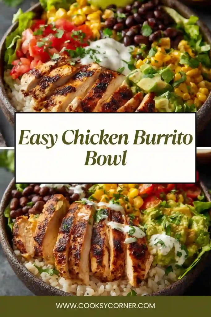 Chicken Burrito Bowl filled with grilled chicken, brown rice, black beans, avocado, corn, tomatoes, and cilantro.