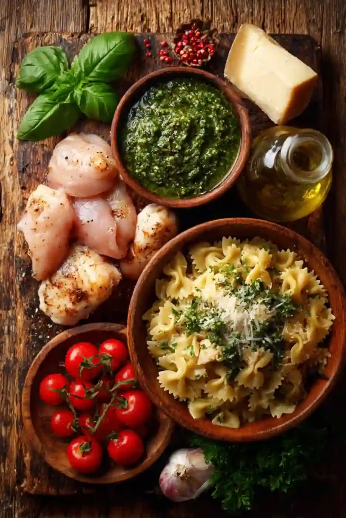 Chicken pesto pasta topped with cherry tomatoes and Parmesan cheese on a rustic dinner table.