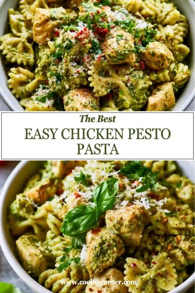 Pesto chicken pasta garnished with fresh parsley and grated Parmesan.