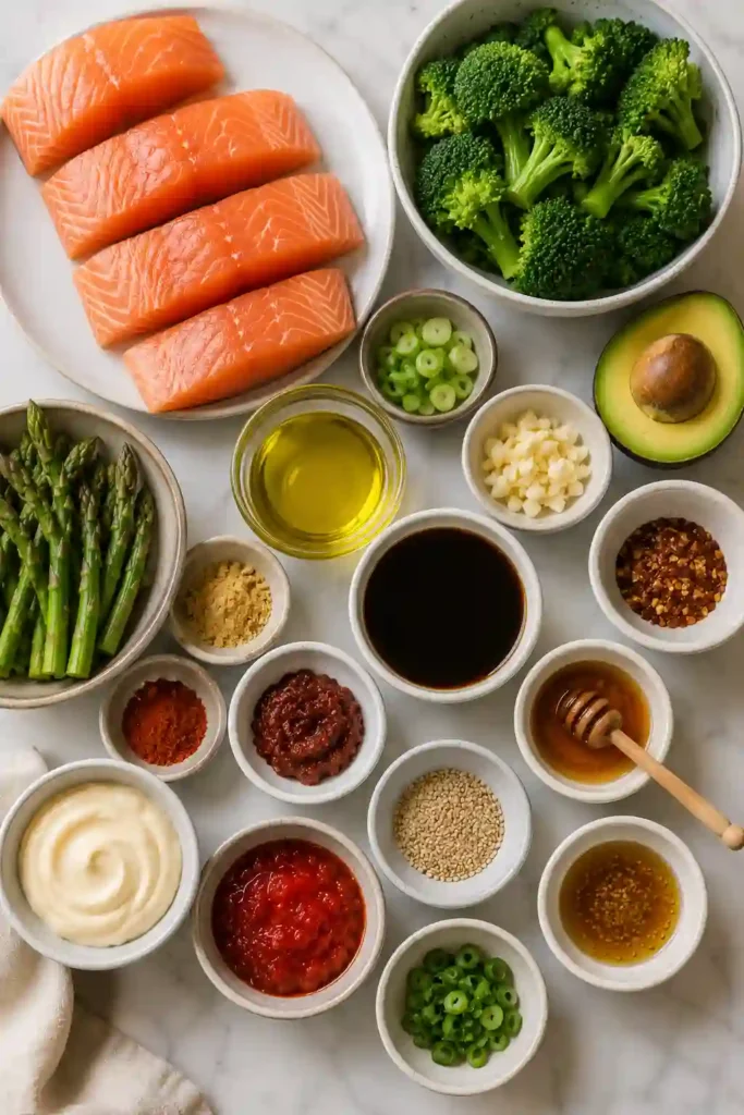 Sheet pan salmon bowl topped with sesame seeds, avocado, and roasted broccoli in a honey garlic chili sauce.