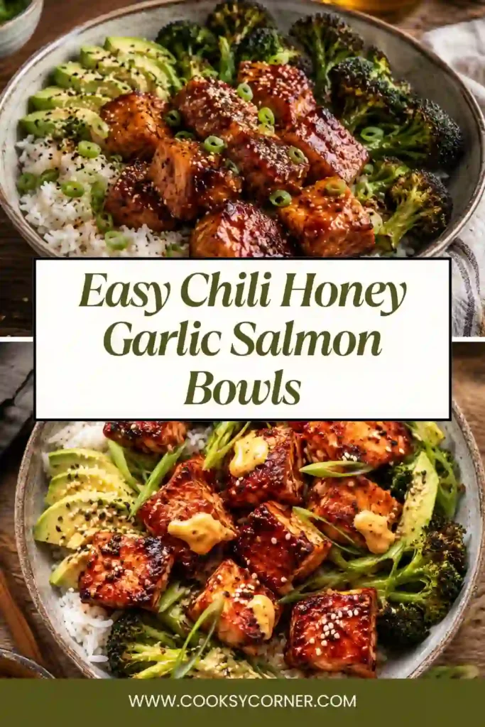 Asian-inspired salmon bowl featuring spicy glazed salmon, broccoli, avocado, and creamy gochujang sauce.