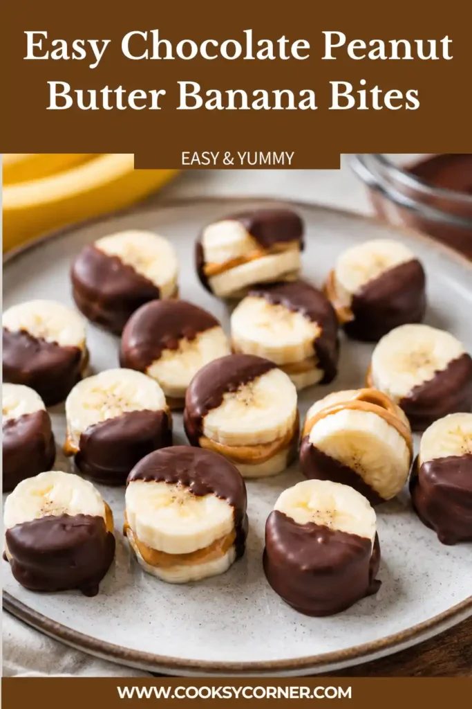 Homemade frozen banana bites dipped in chocolate with visible layers of banana and peanut butter filling. A healthy dessert perfect for snacking.