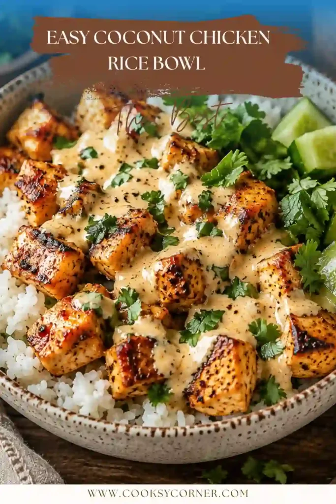 Close-up of a Coconut Chicken Rice Bowl with tender chicken, jasmine rice, and fresh green herbs. The creamy coconut sauce gives the dish a smooth and inviting appearance.