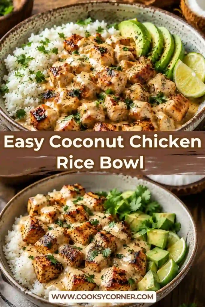 A tropical chicken rice bowl topped with fresh cilantro and coated in creamy coconut sauce. Served warm over fluffy basmati rice for a delicious family dinner.