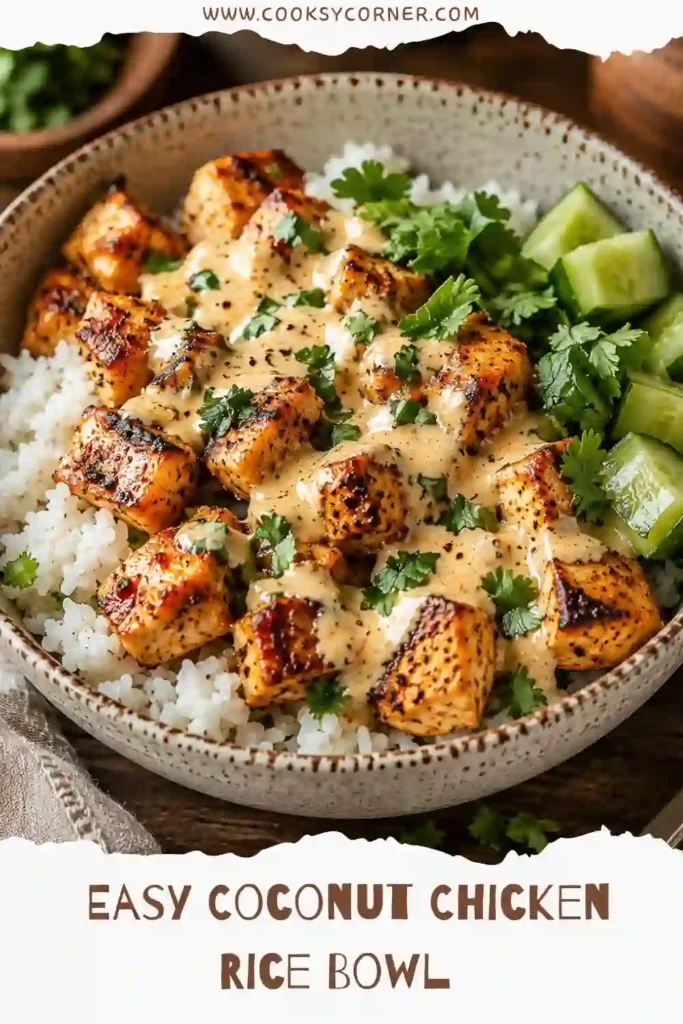 This Coconut Chicken Rice Bowl Recipe features juicy chicken pieces in a silky coconut milk sauce over steamed rice. Fresh herbs provide color and flavor.