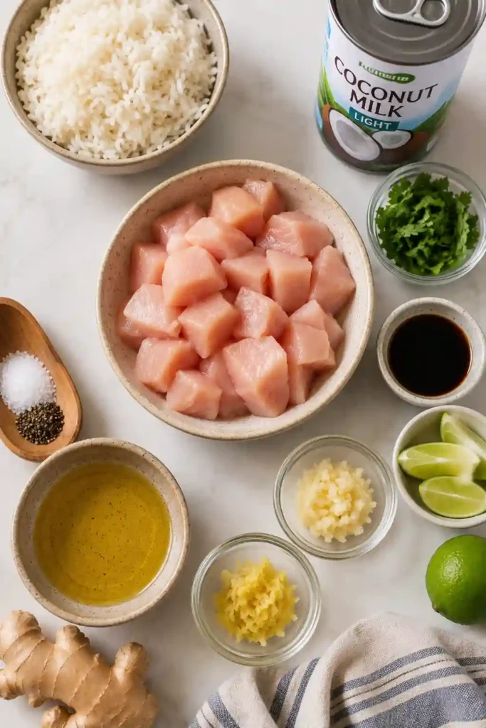 A bowl of coconut chicken served over fluffy jasmine rice and garnished with fresh cilantro. The creamy coconut sauce coats the tender chicken, creating a tropical-inspired meal.