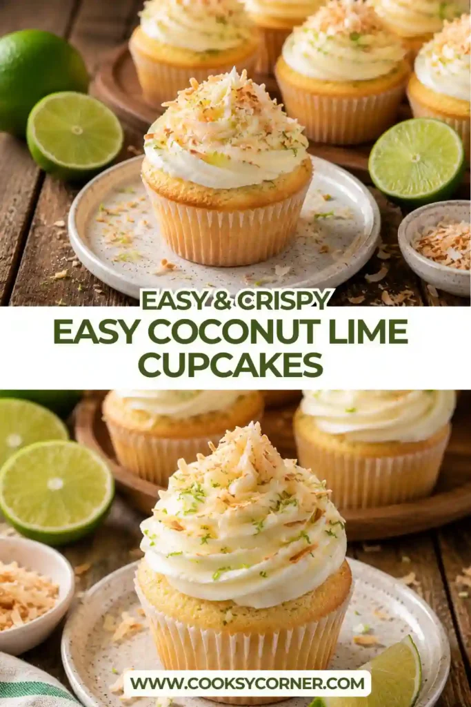 Soft homemade Easy Coconut Lime Cupcakes arranged on a serving plate with fresh lime wedges and toasted coconut. Light, fluffy, and full of tropical flavor.