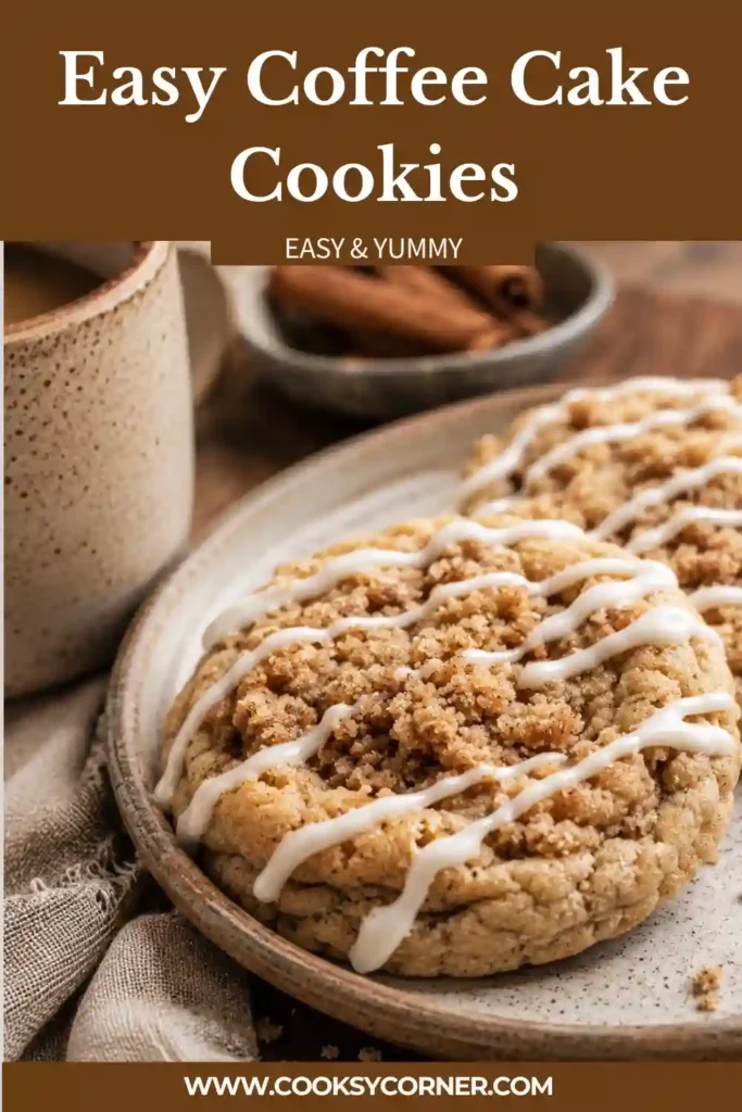 Soft homemade Coffee Cake Cookies featuring crumb topping and vanilla icing for a coffee cake-inspired dessert.