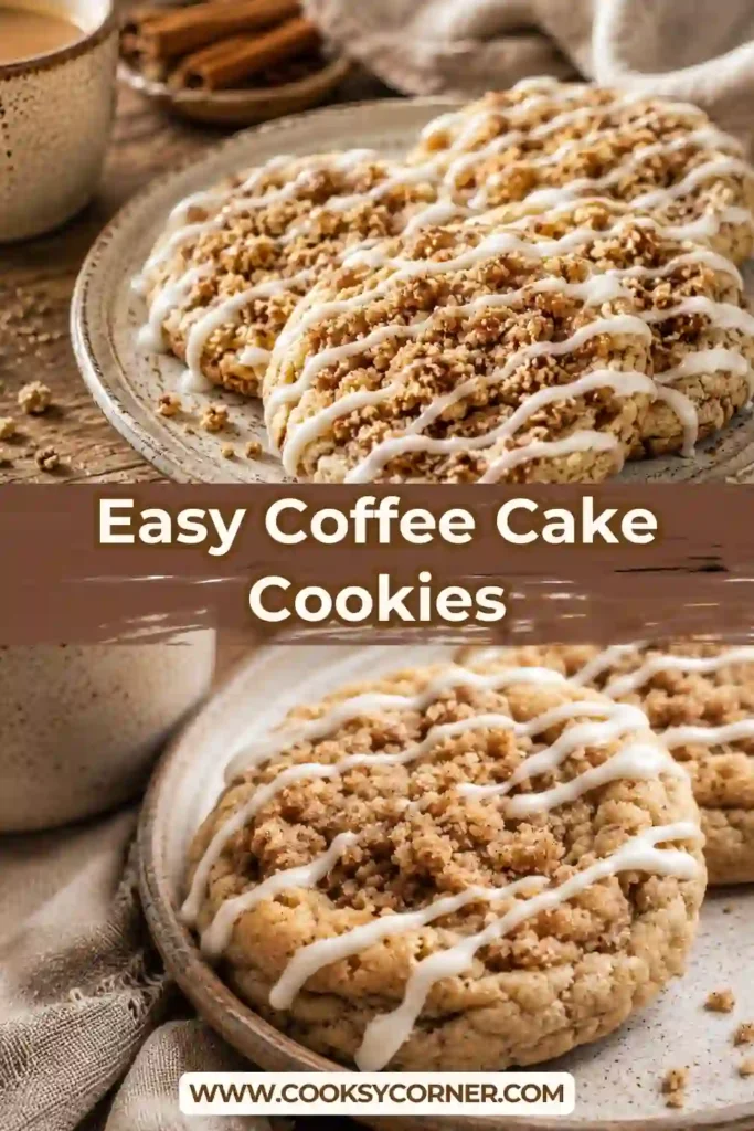 Coffee Cake Cookies topped with buttery cinnamon streusel and drizzled with vanilla glaze on a cooling rack.
