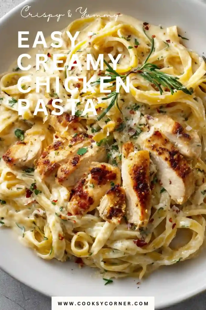 Italian-inspired creamy chicken pasta garnished with lemon zest and rosemary.