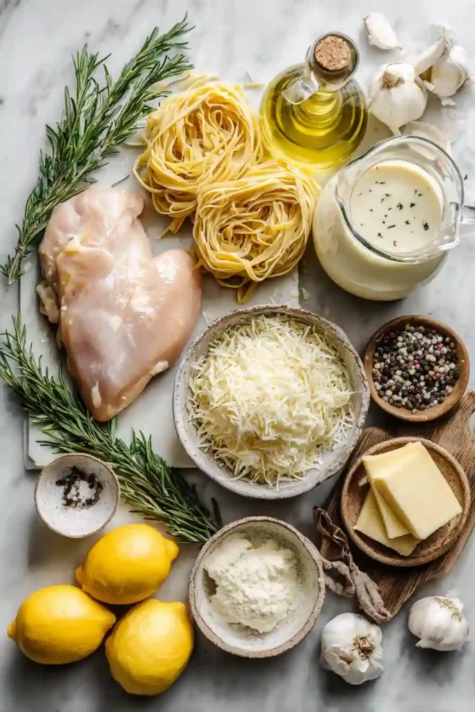 Tender chicken breast served over creamy Parmesan pasta.