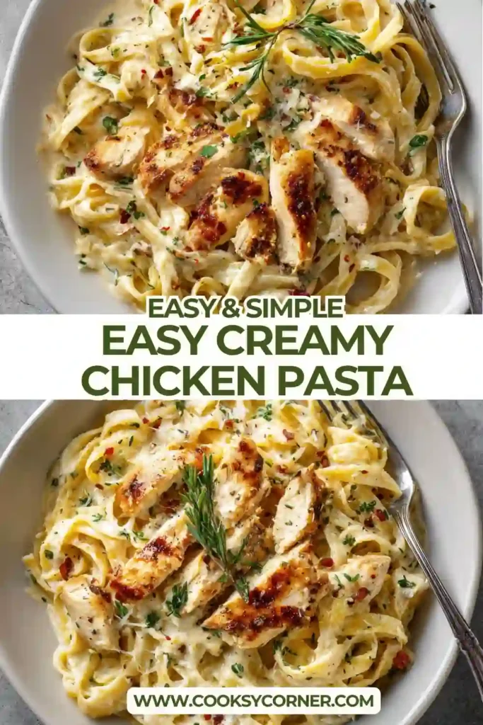 Homemade chicken pasta coated in rich garlic Parmesan cream sauce.