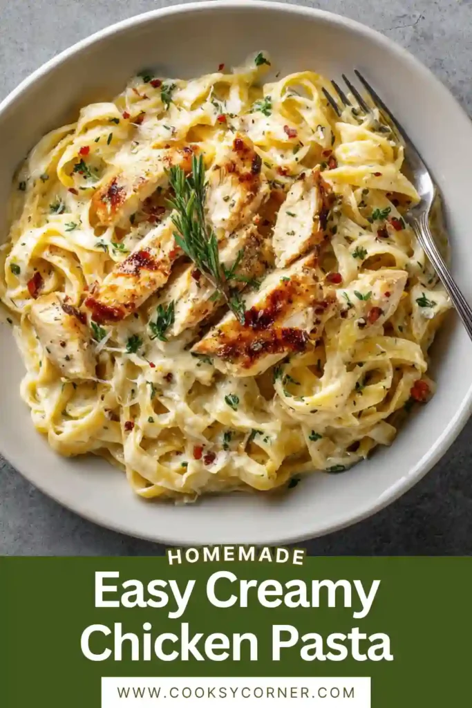 Creamy Chicken Pasta topped with sliced chicken, Parmesan cheese, and rosemary.