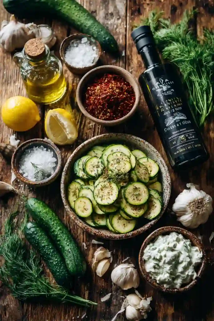 Zucchini chips served with a creamy yogurt dip on a rustic wooden table.