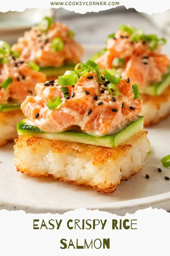 Restaurant-style Crispy Rice Salmon served with cucumber, toasted sesame seeds, and chopped green onions.