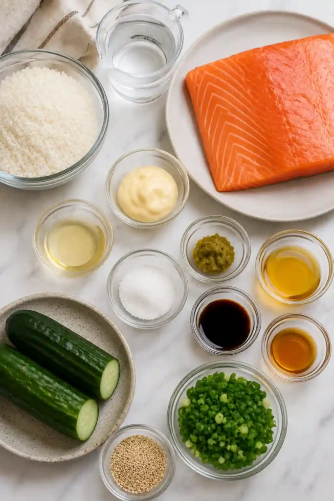Close-up of crispy sushi rice topped with creamy salmon mixture and fresh garnishes, creating a colorful Japanese-inspired appetizer.