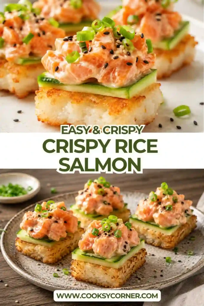 Homemade Crispy Rice Salmon appetizer featuring crunchy pan-fried rice squares with fresh sushi-grade salmon and savory toppings.