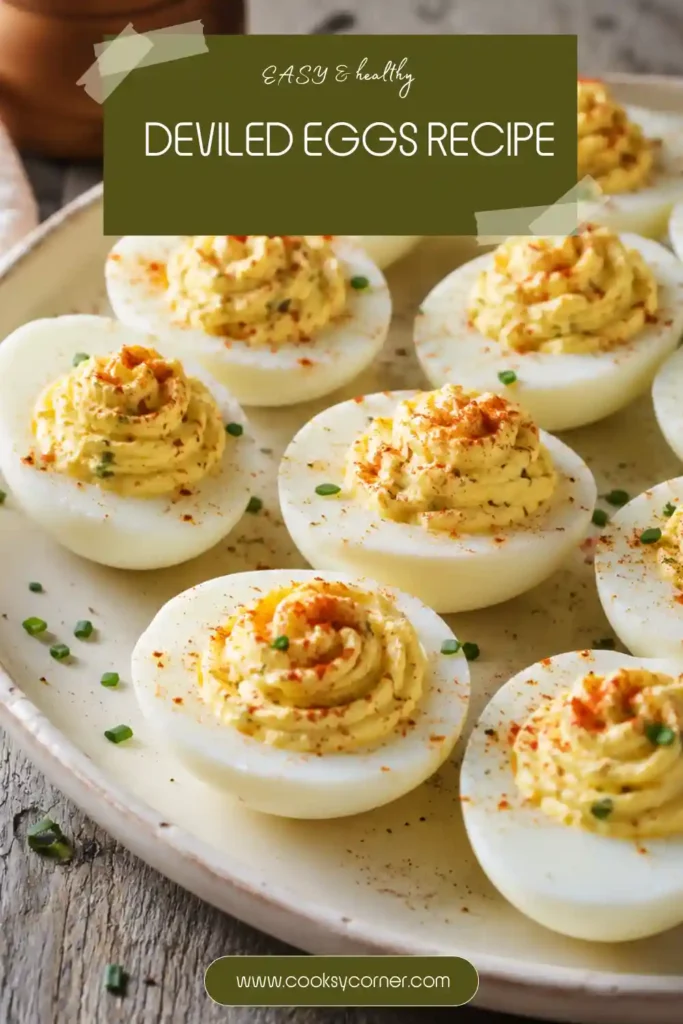 Homemade Deviled Eggs topped with paprika and fresh chives on a serving tray. A traditional appetizer recipe loved for its creamy texture and tangy flavor.
